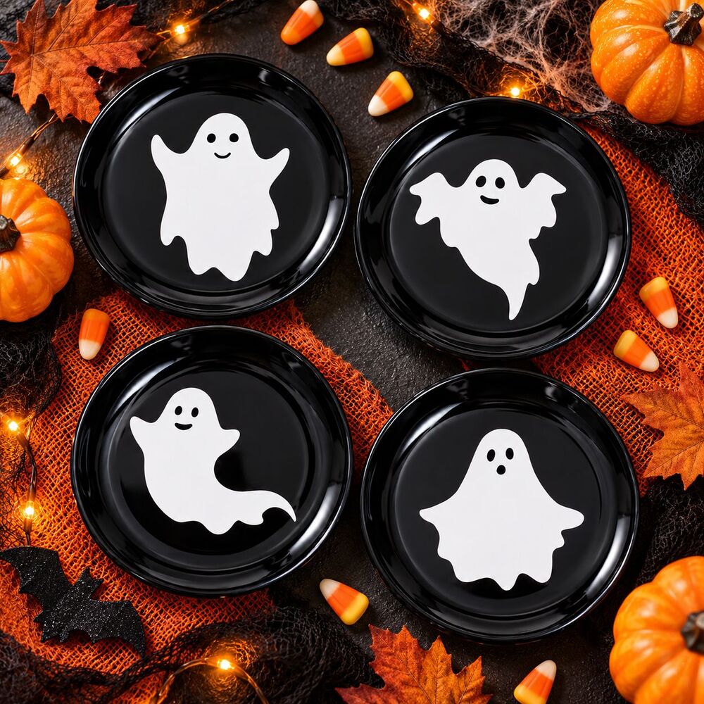 Way to Celebrate Halloween Ghost Appetizer Plates Set of 4 Black Stoneware